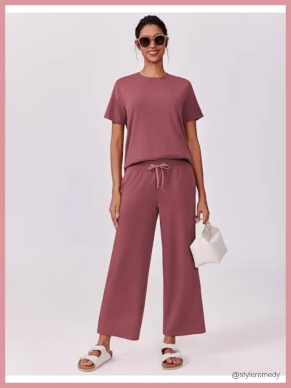 2 Piece Lounge Set Womens Short Sleeve Wide Leg Pants Drawstring Pockets Travel
